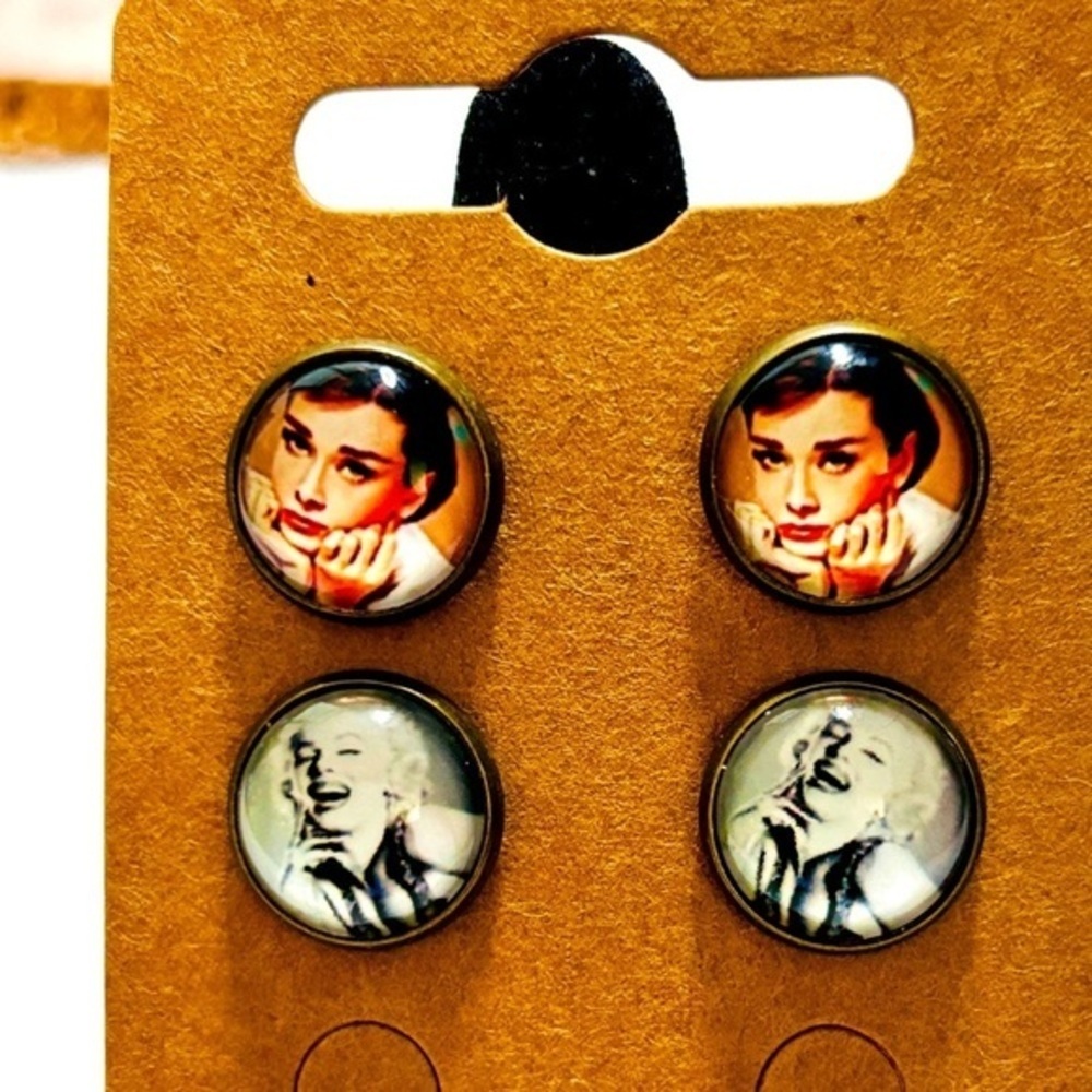 2 Pairs of 12mm Marilyn Monroe Audrey Hepburn Earrings, NWT, Handmade, Unworn